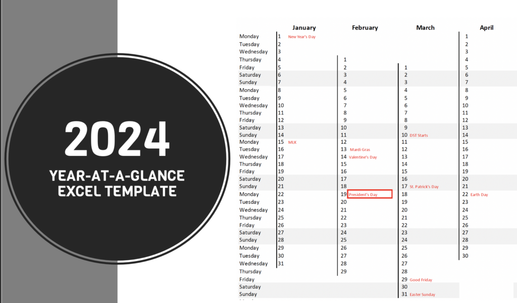 2024 Year at a Glance Excel Planner